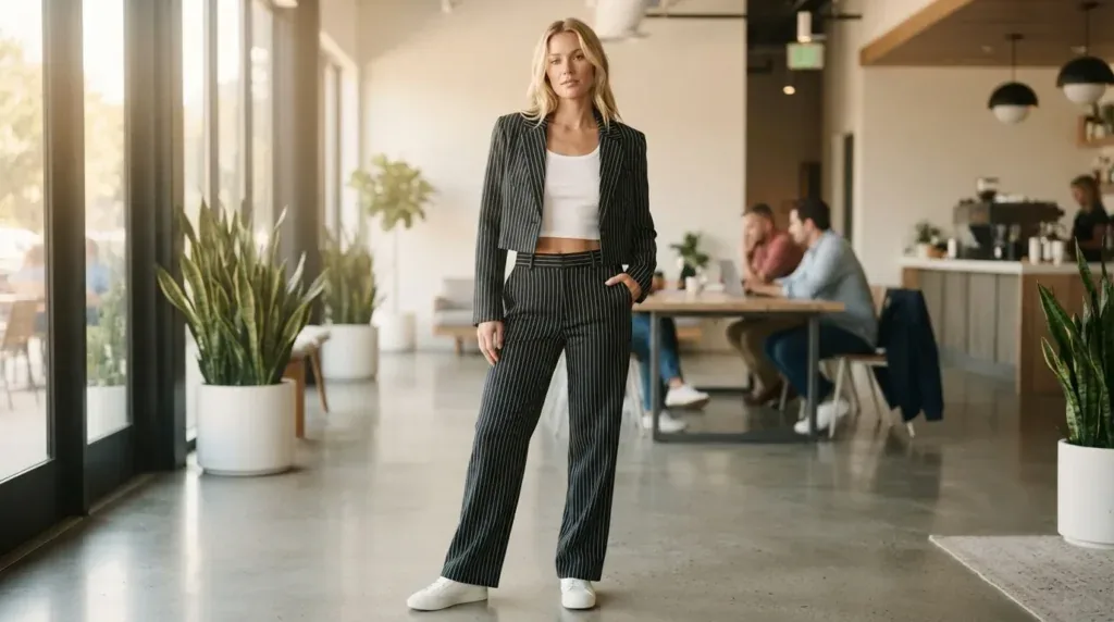 Woman wearing a striped cropped-lapel two-piece suit set