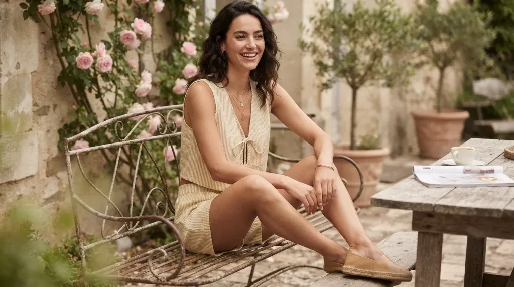 Woman wearing a striped knit co-ord tank and shorts set