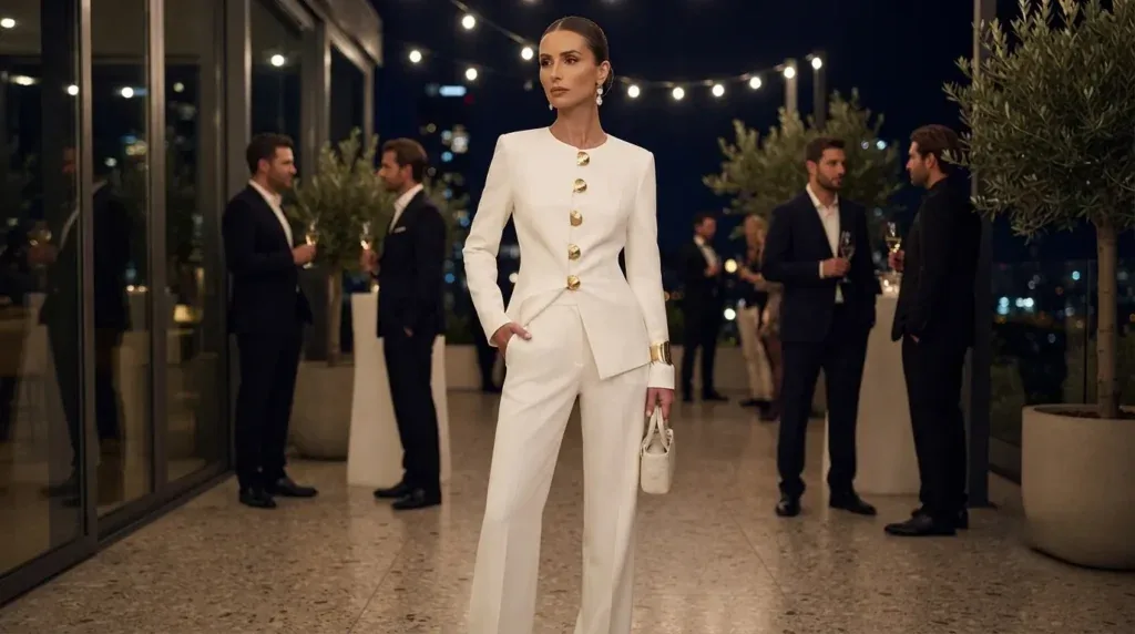 Woman wearing an elegant all-white two-piece suit set