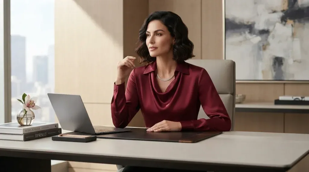Woman wearing an elegant draped satin blouse at a desk