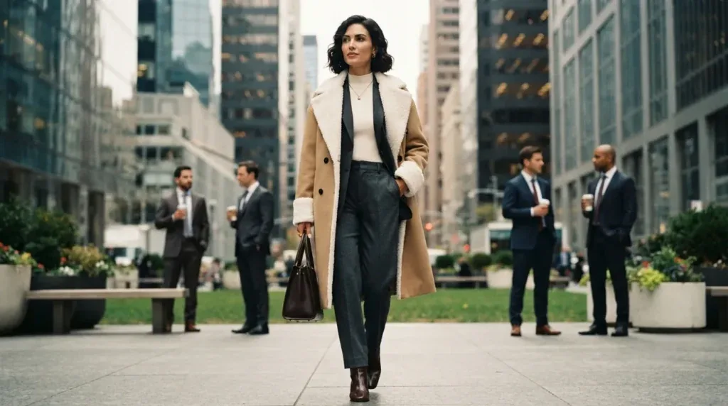 Woman wearing an elegant khaki wool commuter overcoat