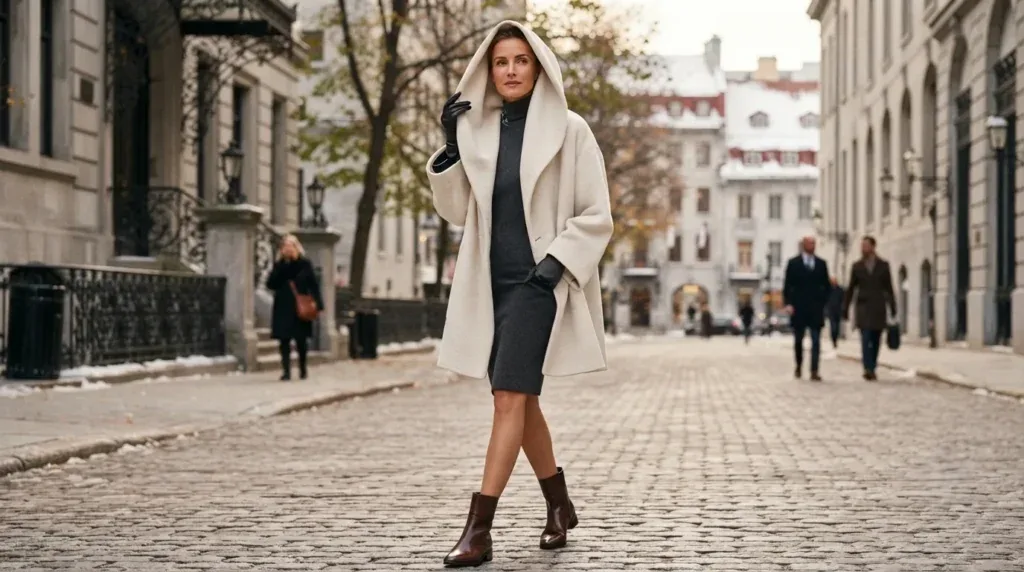 Woman wearing an oversized hooded plus-size winter coat