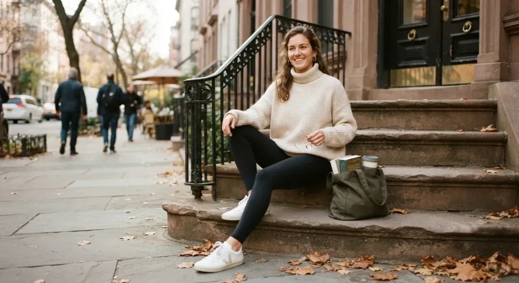Woman wearing high-waist leggings styled with an oversized knit sweater