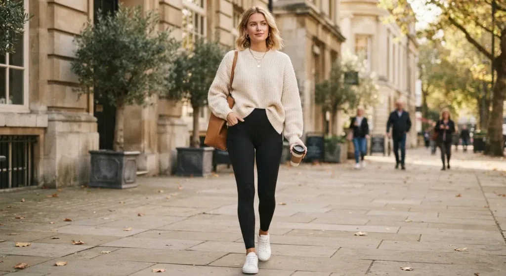 Woman wearing high-waisted leggings with an oversized sweater