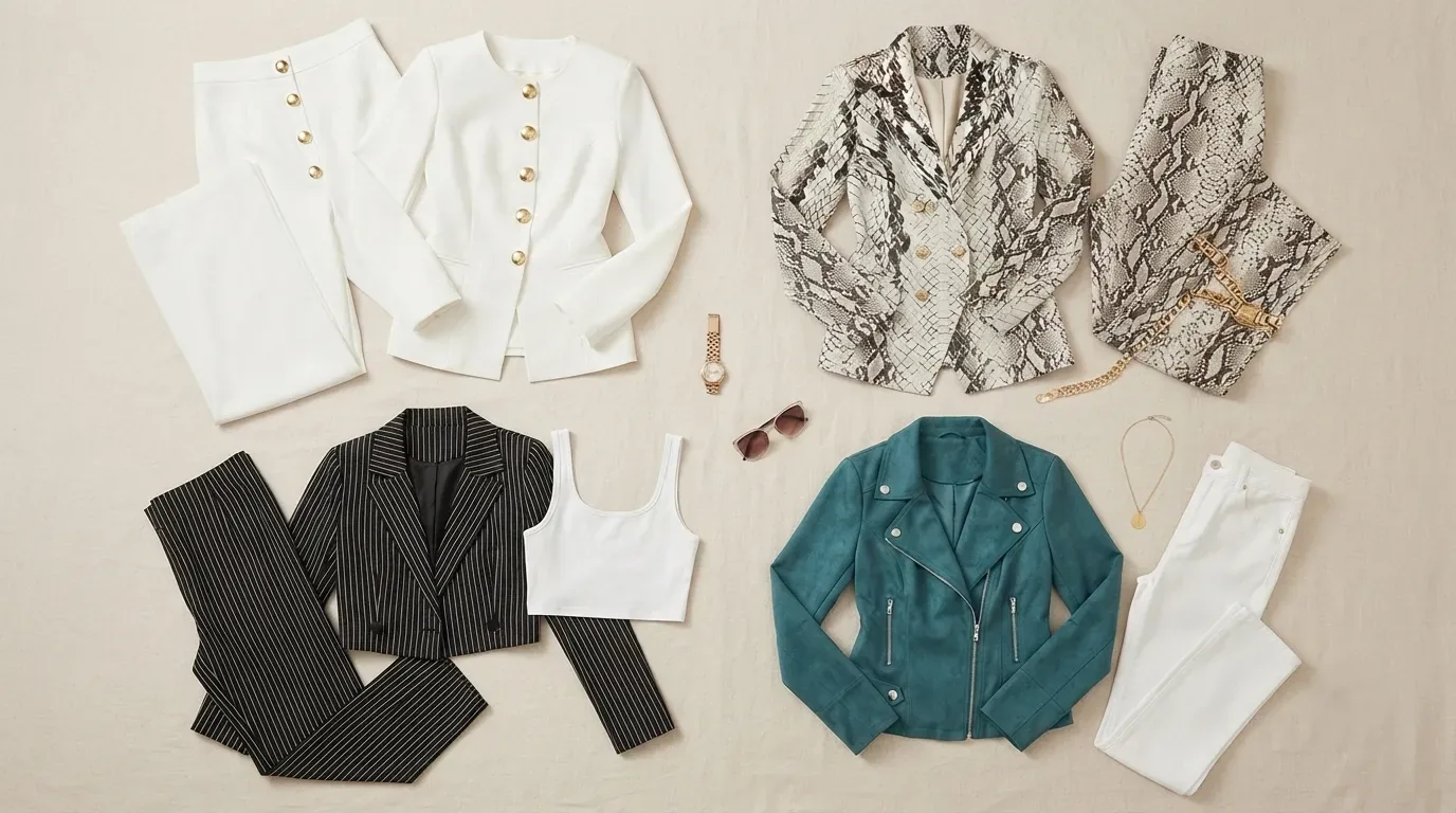 Women's blazer and two-piece suit sets 2026 flat lay