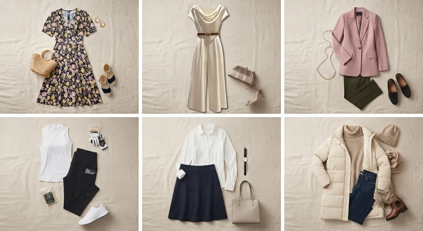 Women's fashion guide 2026 — dresses, suits, jumpsuits, jackets and activewear flat lay