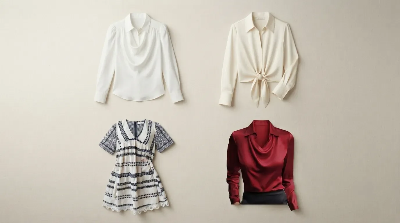 Women's office and commuter style guide 2026 flat lay of blouses and dresses