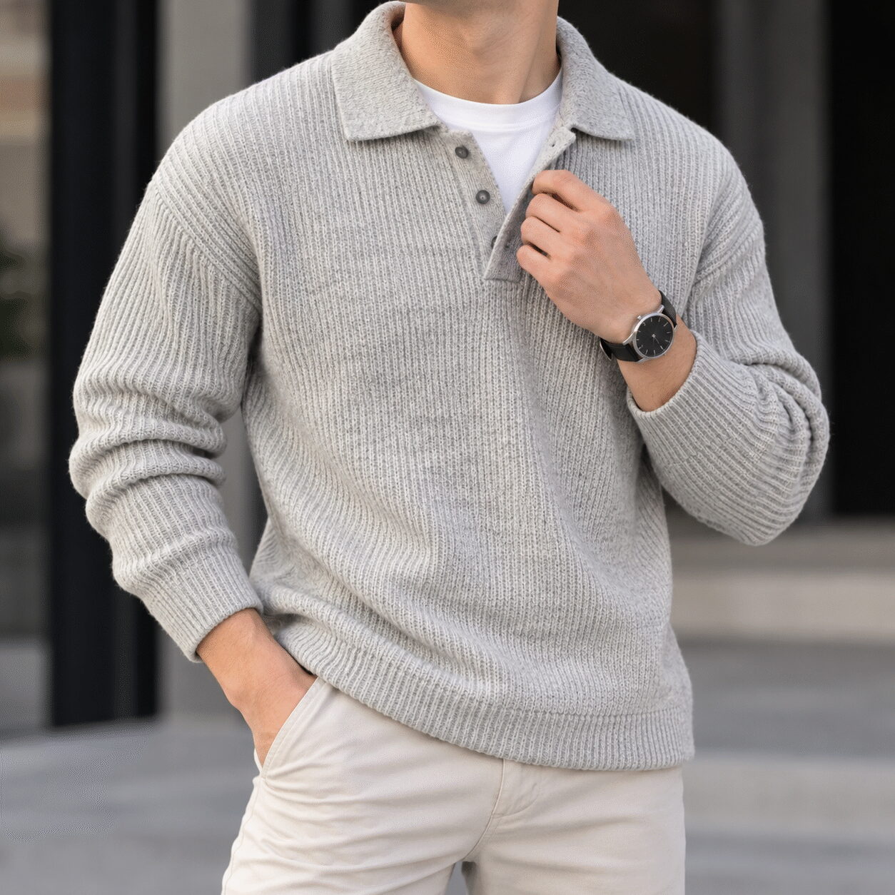 Men’s Casual Long-Sleeve Knit Polo Sweater - Image 2