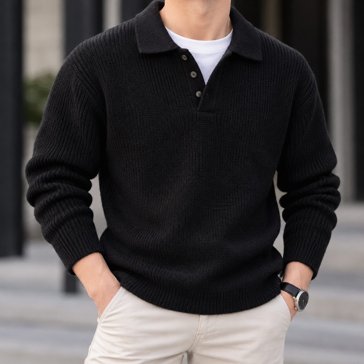 Men’s Casual Long-Sleeve Knit Polo Sweater