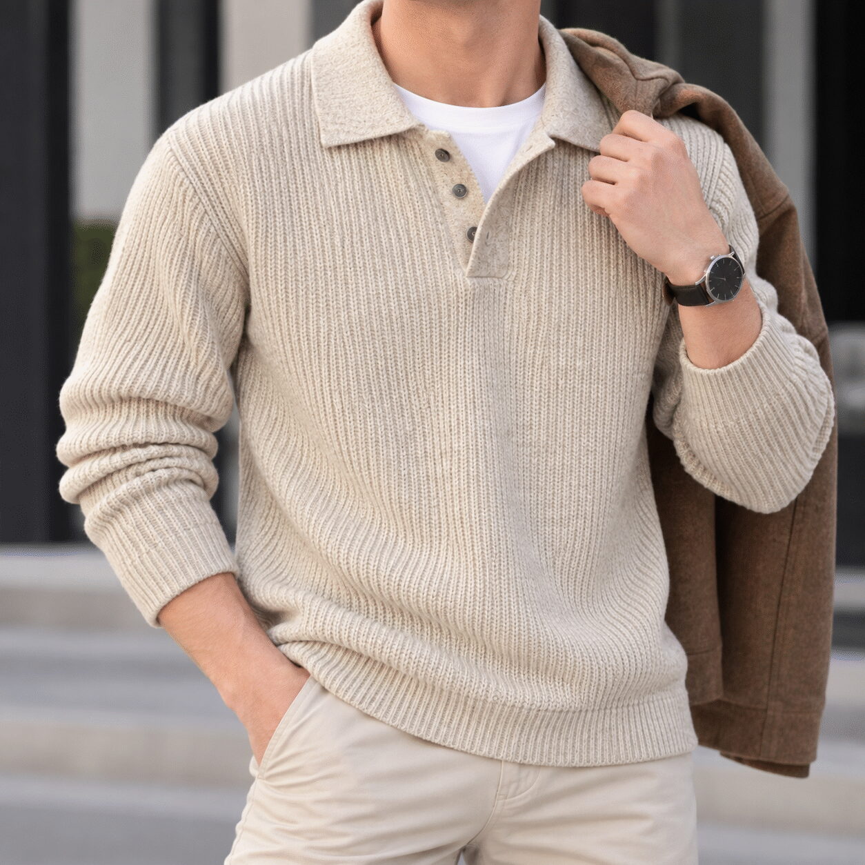 Men’s Casual Long-Sleeve Knit Polo Sweater - Image 3