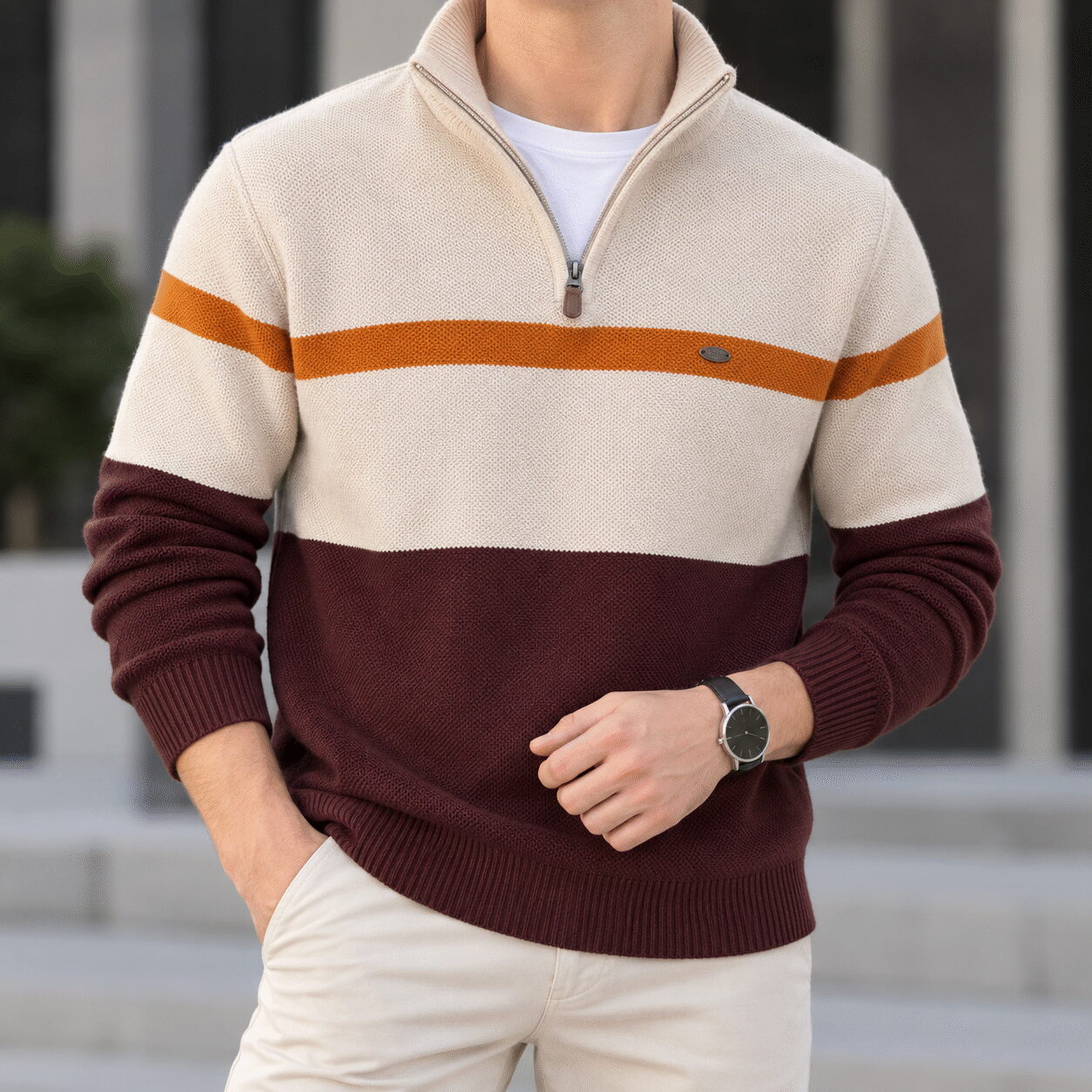 Men’s Color-Matching Slim-Fit Zip Sweater - Image 3