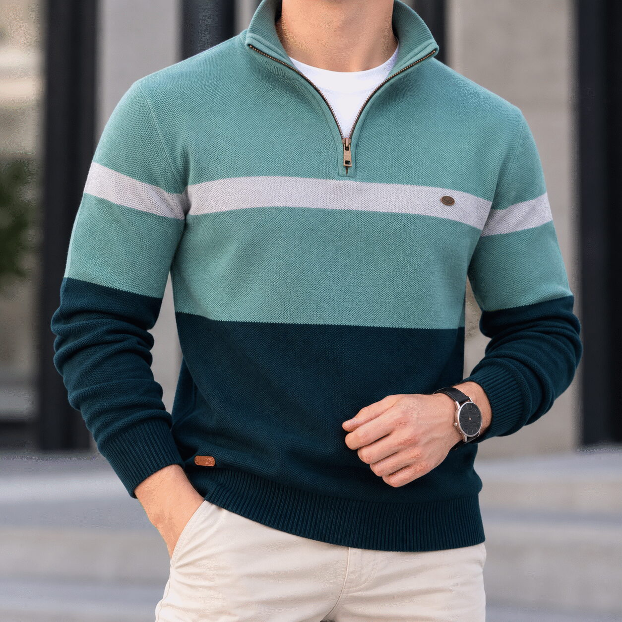 Men’s Color-Matching Slim-Fit Zip Sweater - Image 2