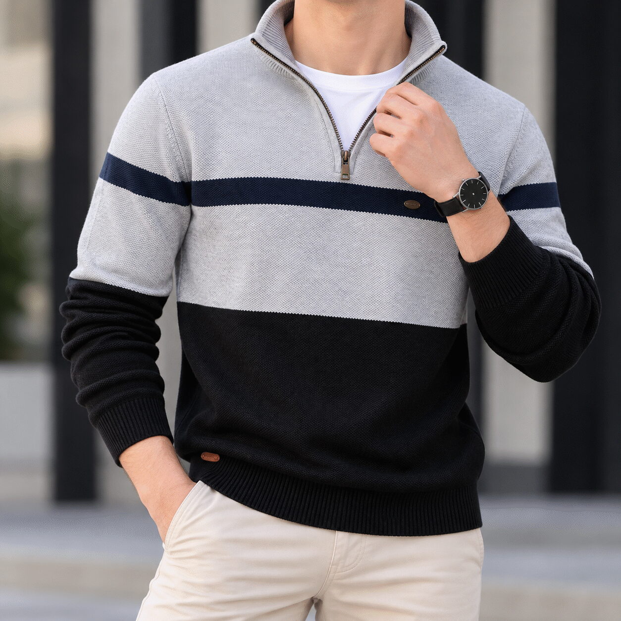 Men’s Color-Matching Slim-Fit Zip Sweater - Image 4