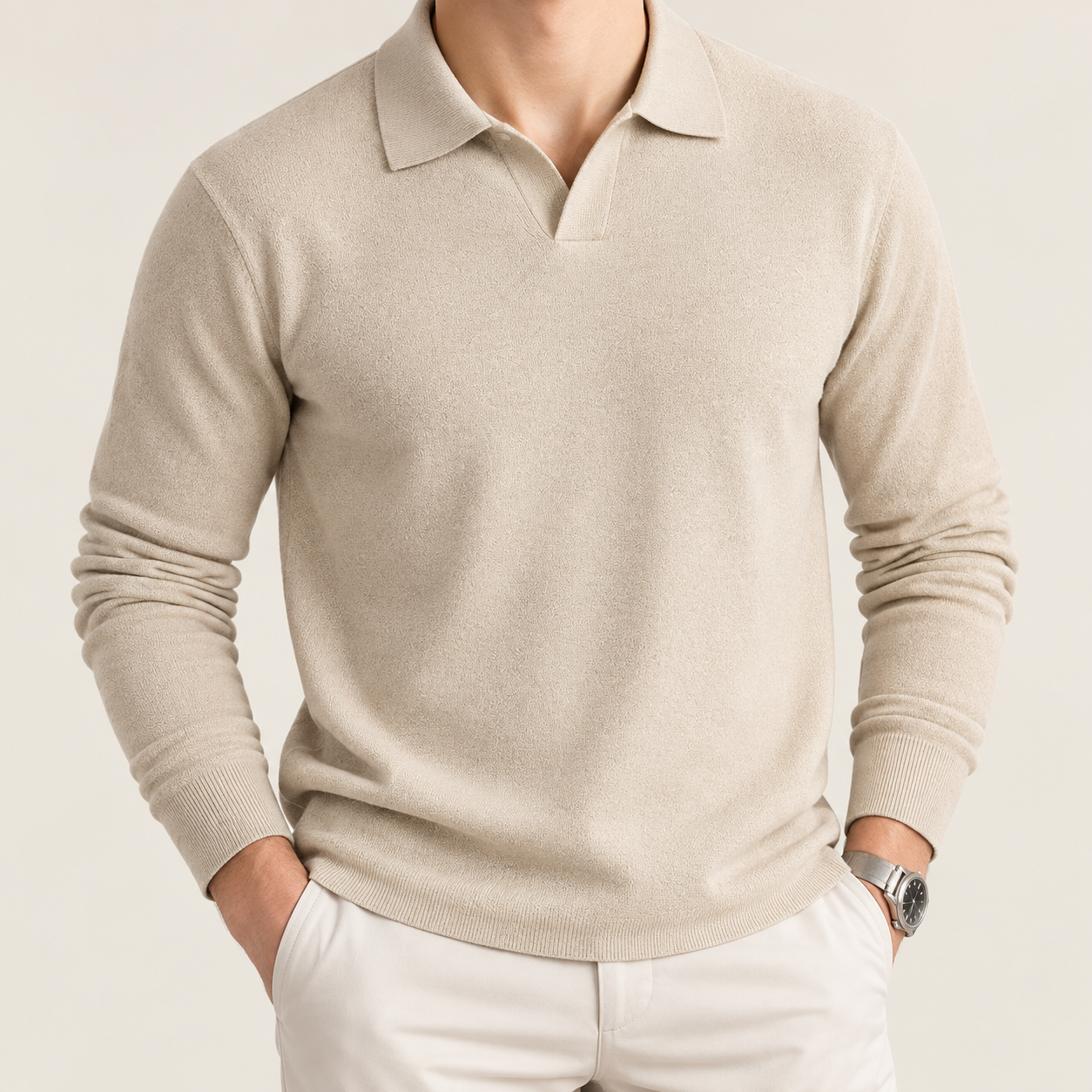 Men’s Luxury Wool Long-Sleeve Polo Sweater - Image 2