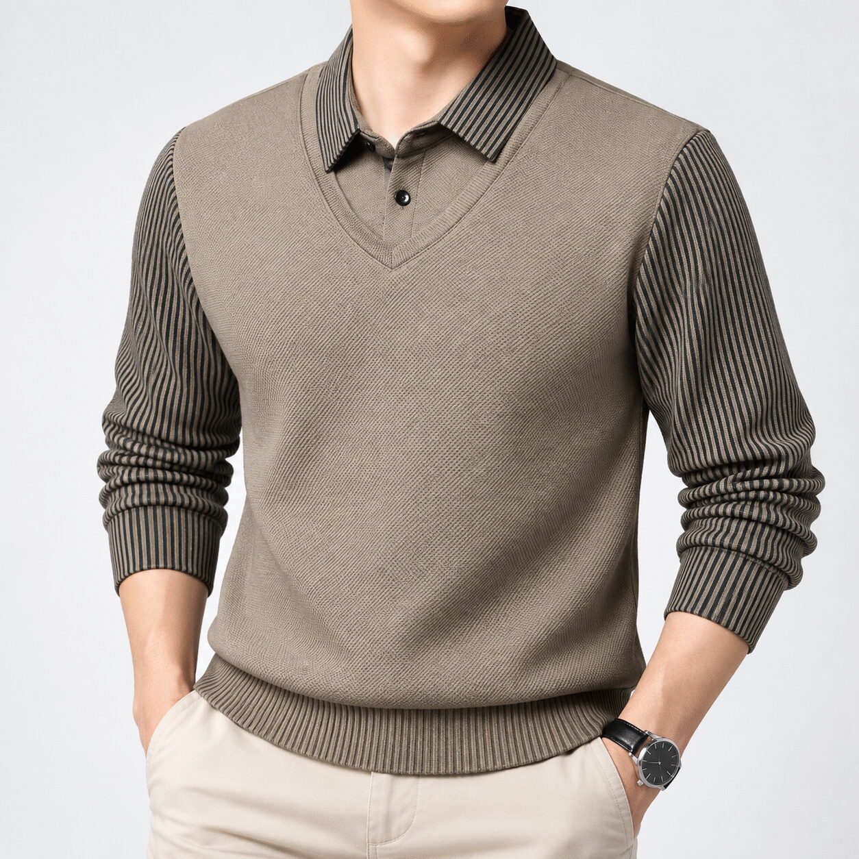 Men’s Striped Long-Sleeve Polo Sweater