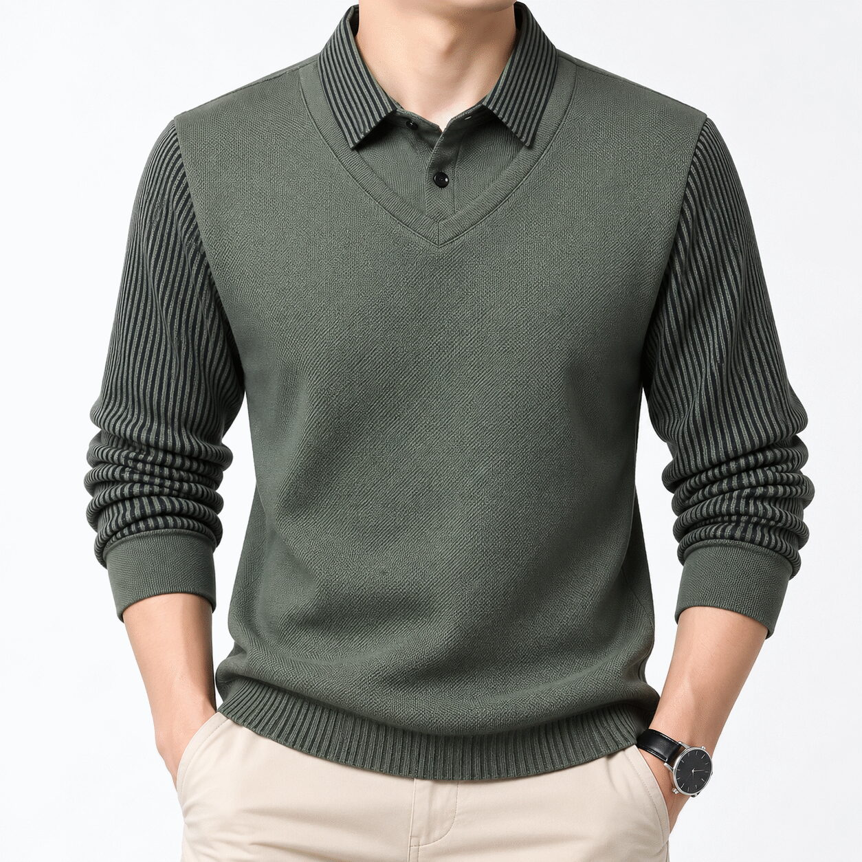 Men’s Striped Long-Sleeve Polo Sweater - Image 7