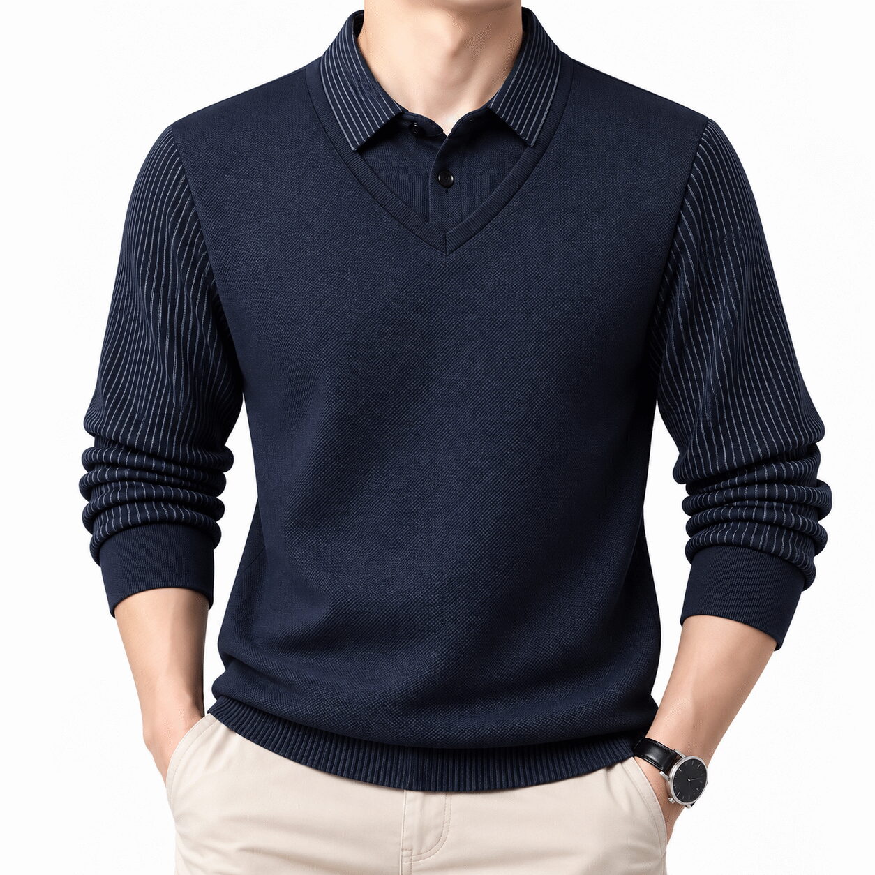 Men’s Striped Long-Sleeve Polo Sweater - Image 9