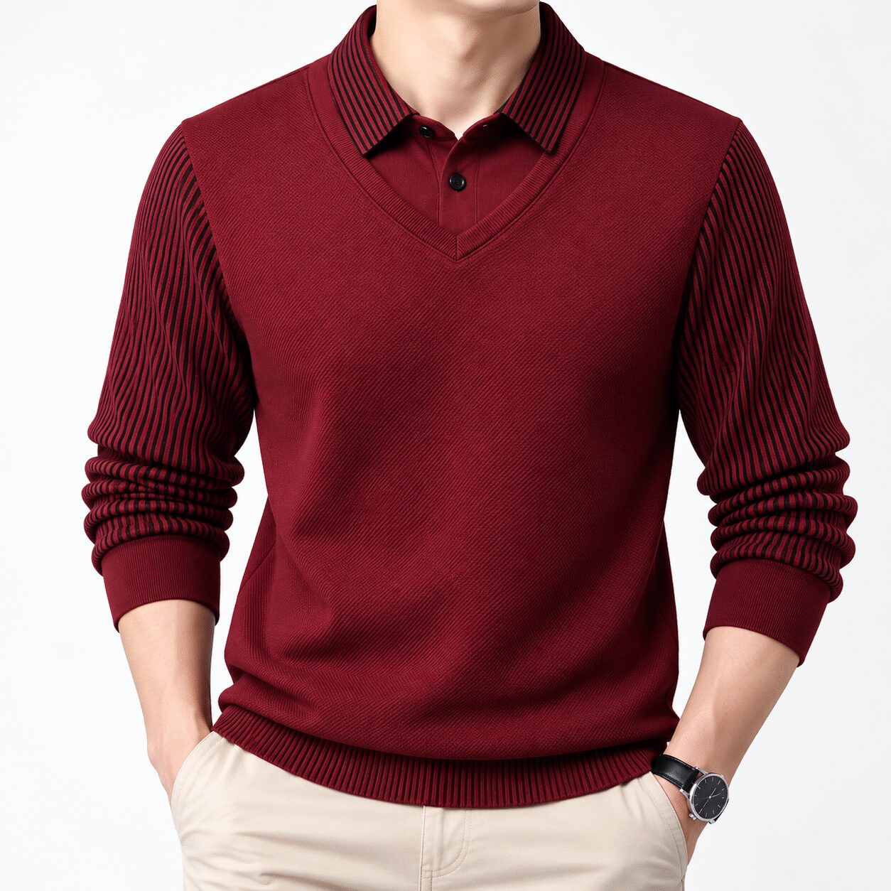 Men’s Striped Long-Sleeve Polo Sweater - Image 5