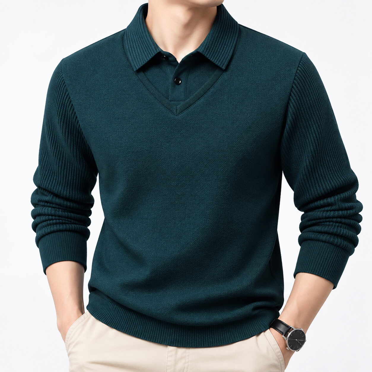 Men’s Striped Long-Sleeve Polo Sweater - Image 2