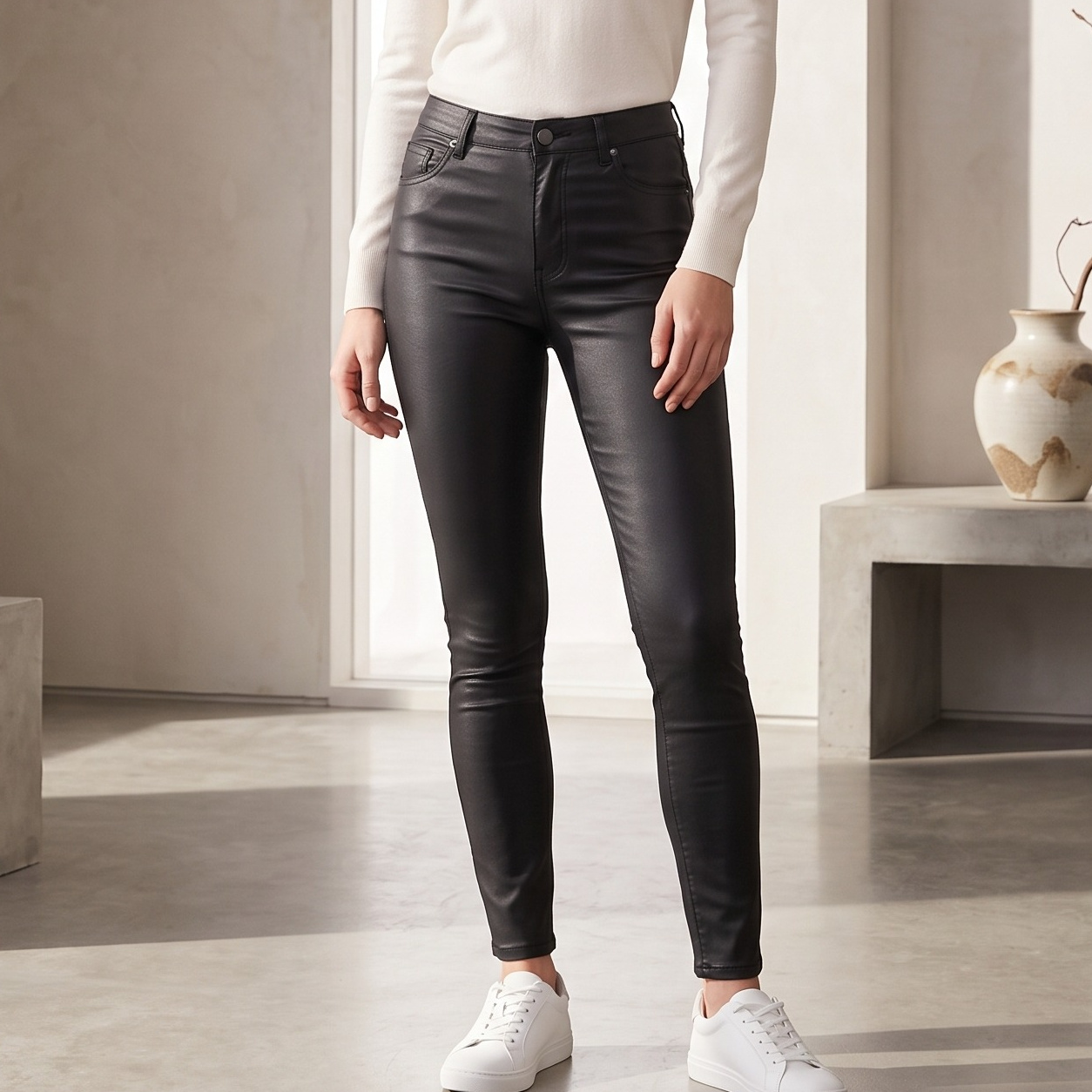 Women's Pure Color PU Leather Pant - Image 3