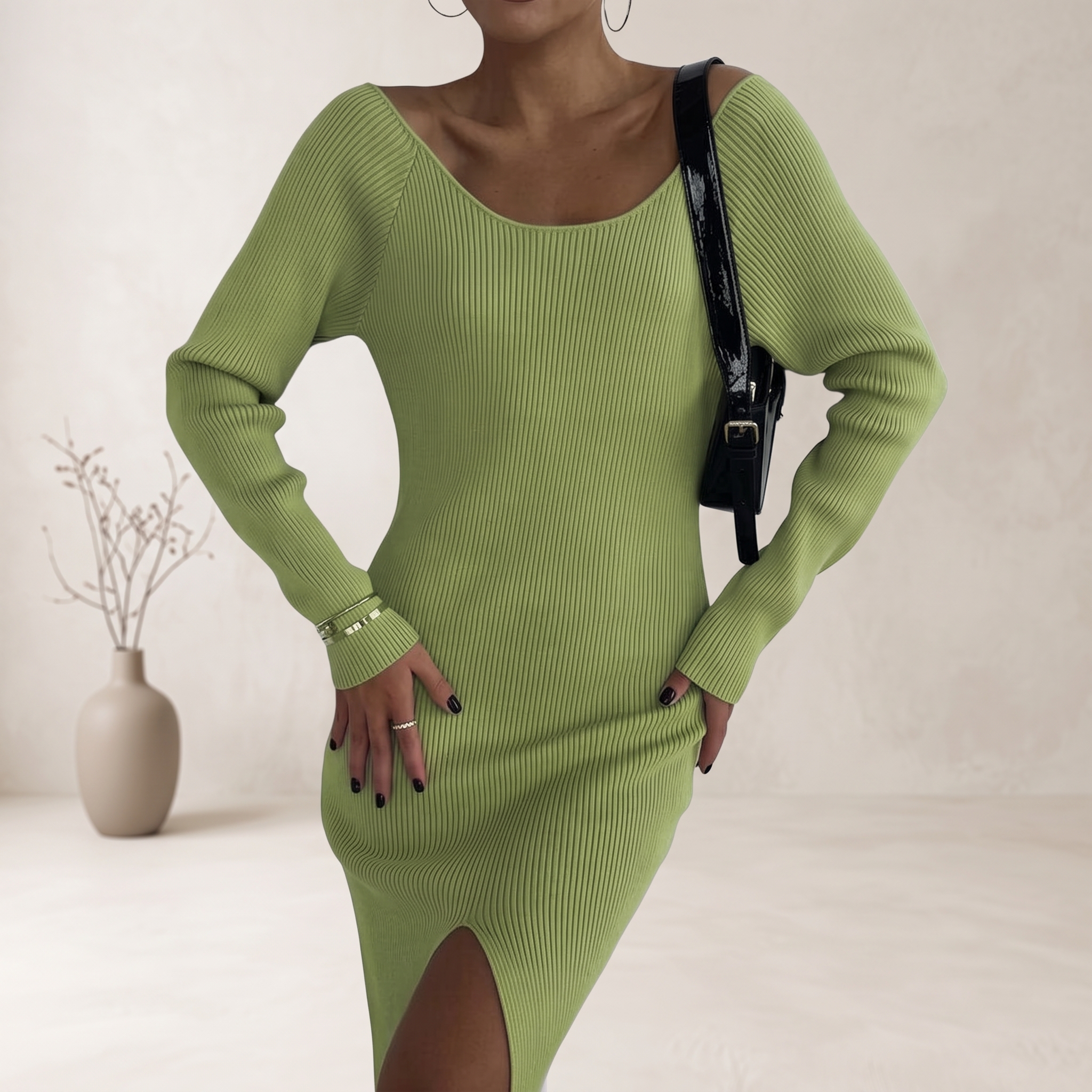 Women’s Long Sleeve Mid-Length Skinny Knit Dress - Image 2