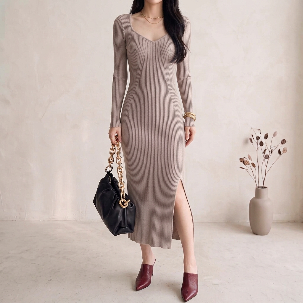 Women’s French V-Neck Slim Knit Dress - Image 4