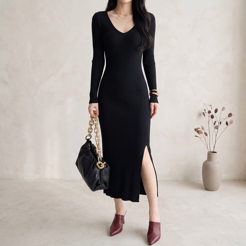 Women’s French V-Neck Slim Knit Dress - Image 6